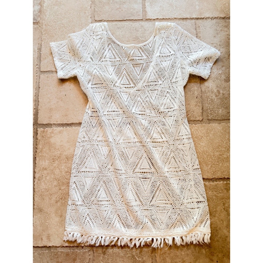 White Crochet Geometric‎ Triangle Fringe Mini Coverup Dress